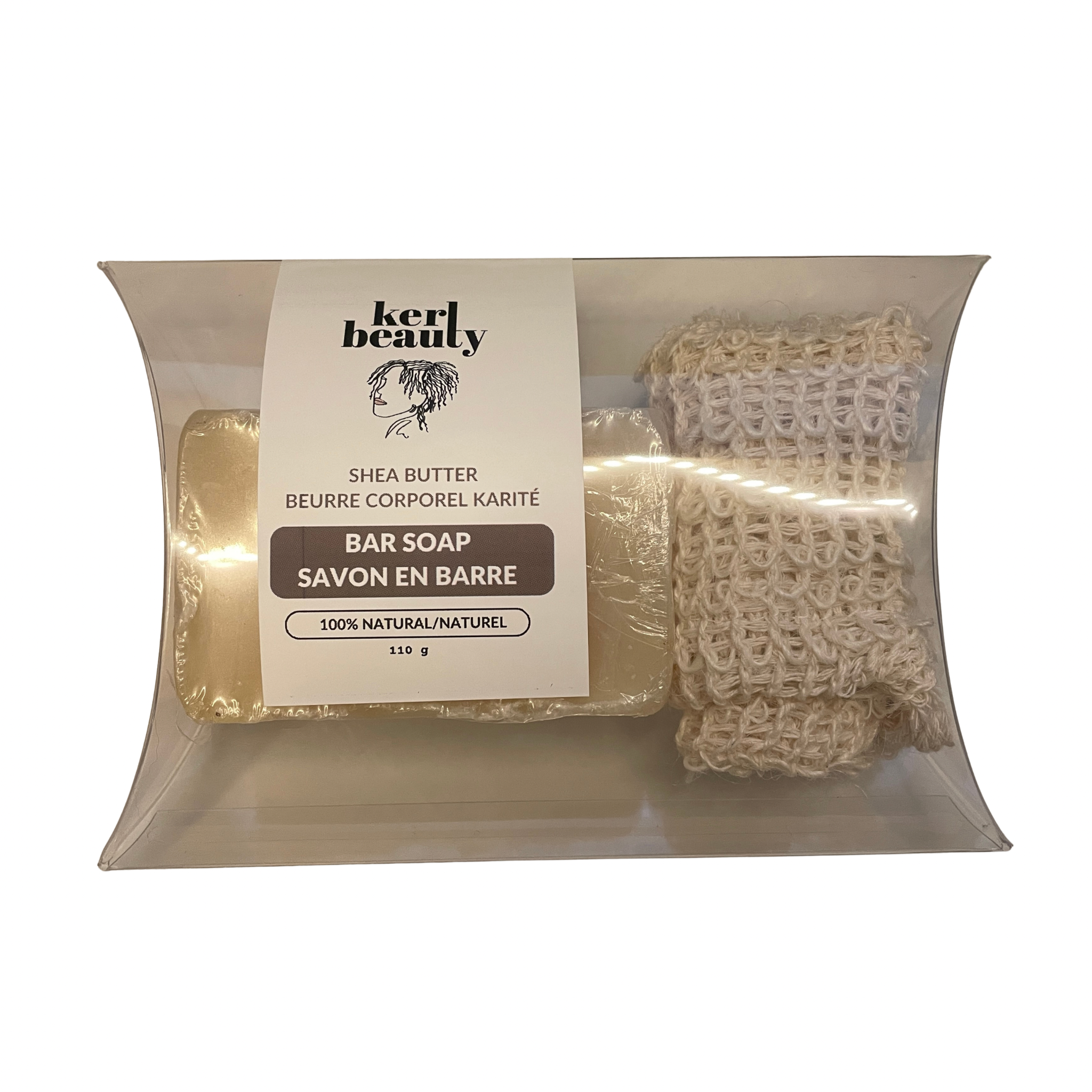 Kerl Beauty Shea Butter Bar Soap in a clear rectangular pillow-style packaging box, with a sisal mesh soap bag visible next to the wrapped bar soap.