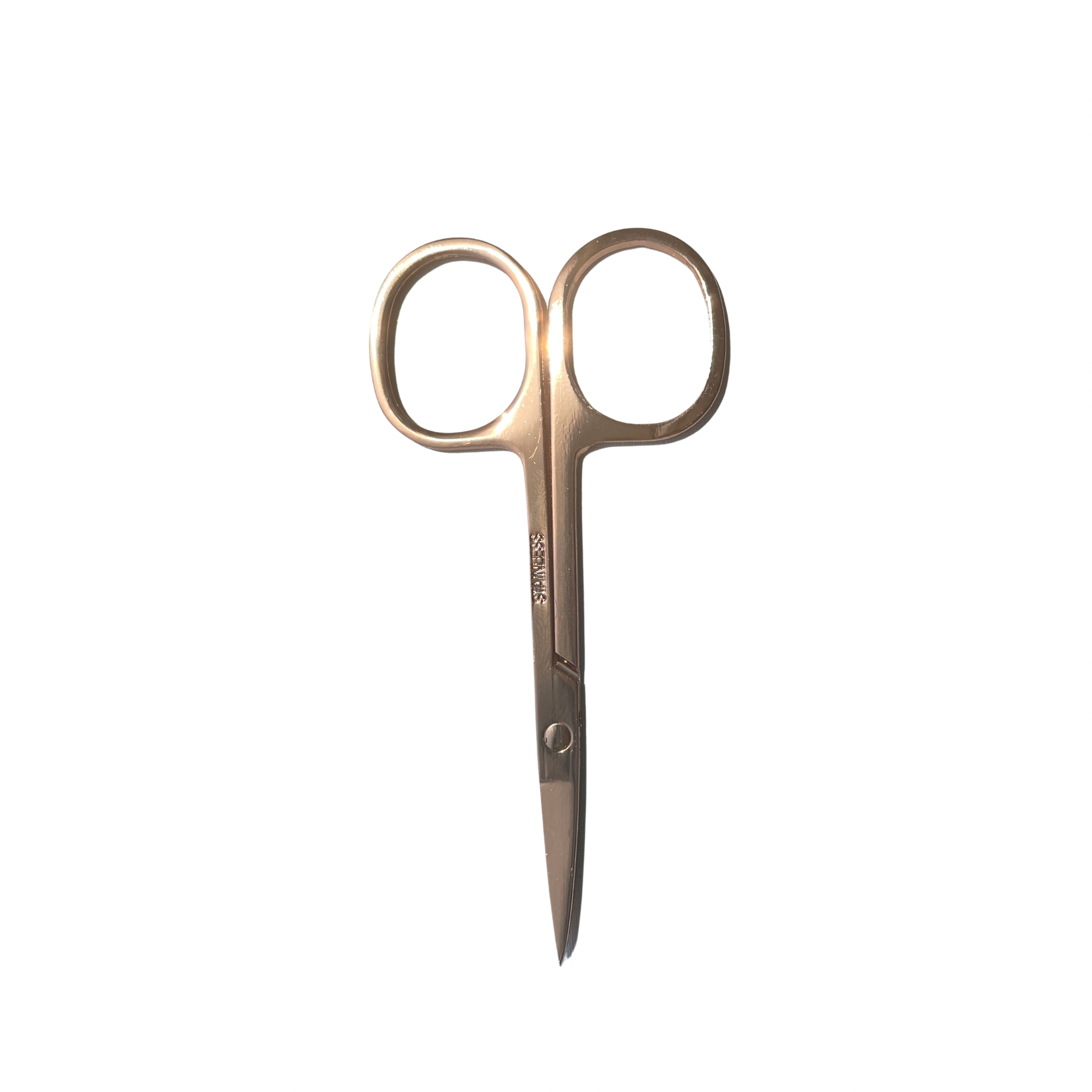 A pair of stainless steel scissors with a satin finish, isolated on a solid white background. Great for trimming brows or (split) ends and fairy knots.