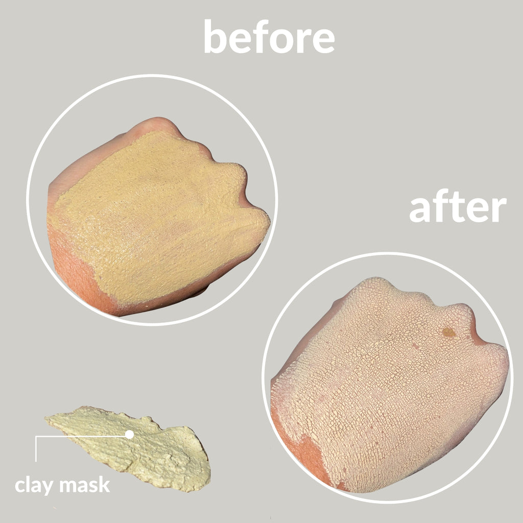Face Mask Kit (gift set) for DIY at-home spa facial. Showing a black woman's hand with a clay face mask smear.
